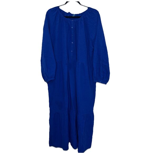 Old Navy Dress Women XXL  2XL Blue Maxi Tiered Seersucker Cotton Cottagecore - Picture 3 of 15